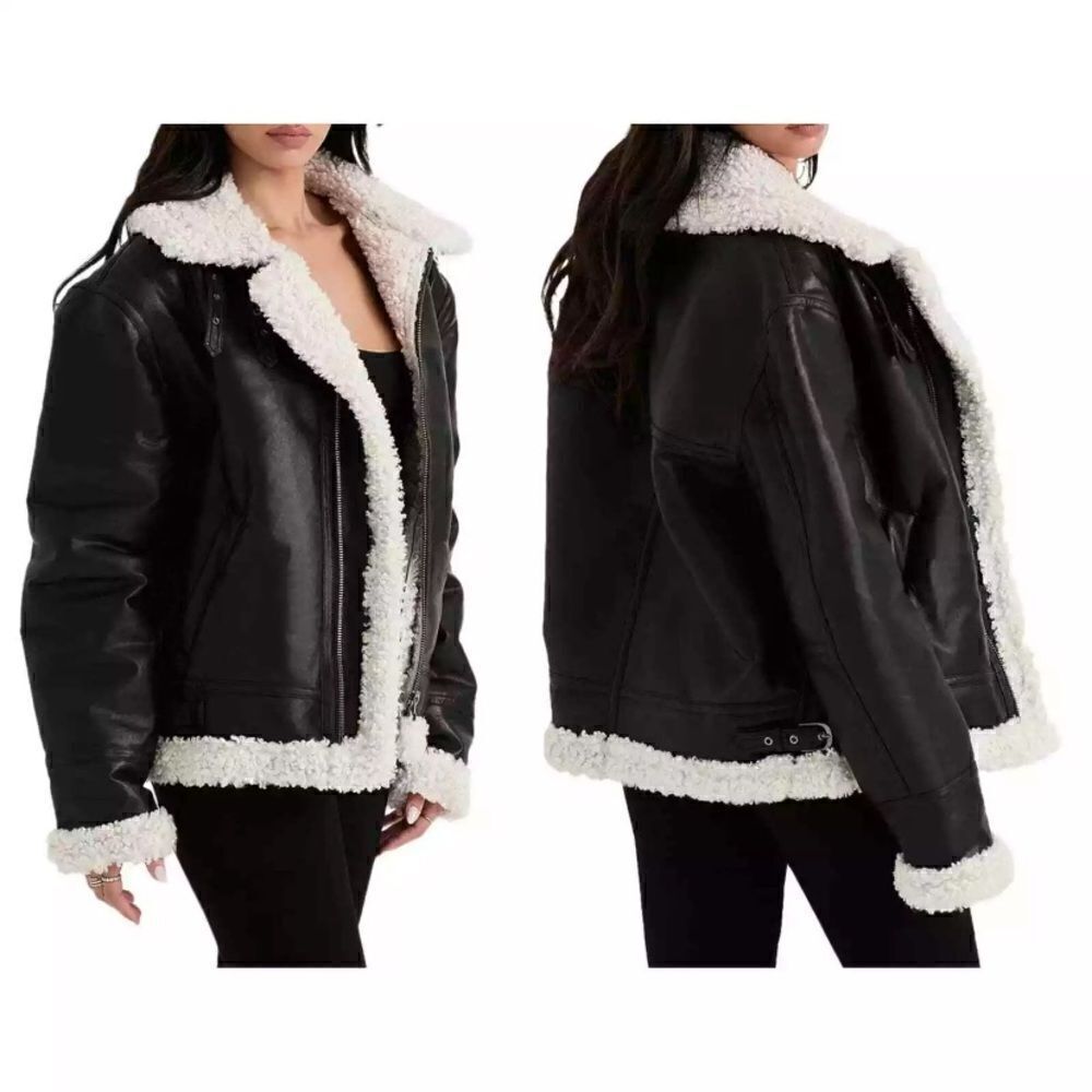 House Of Cb Madden Faux Leather Back Bomber Jacket  Faux Shearling Trim Size S